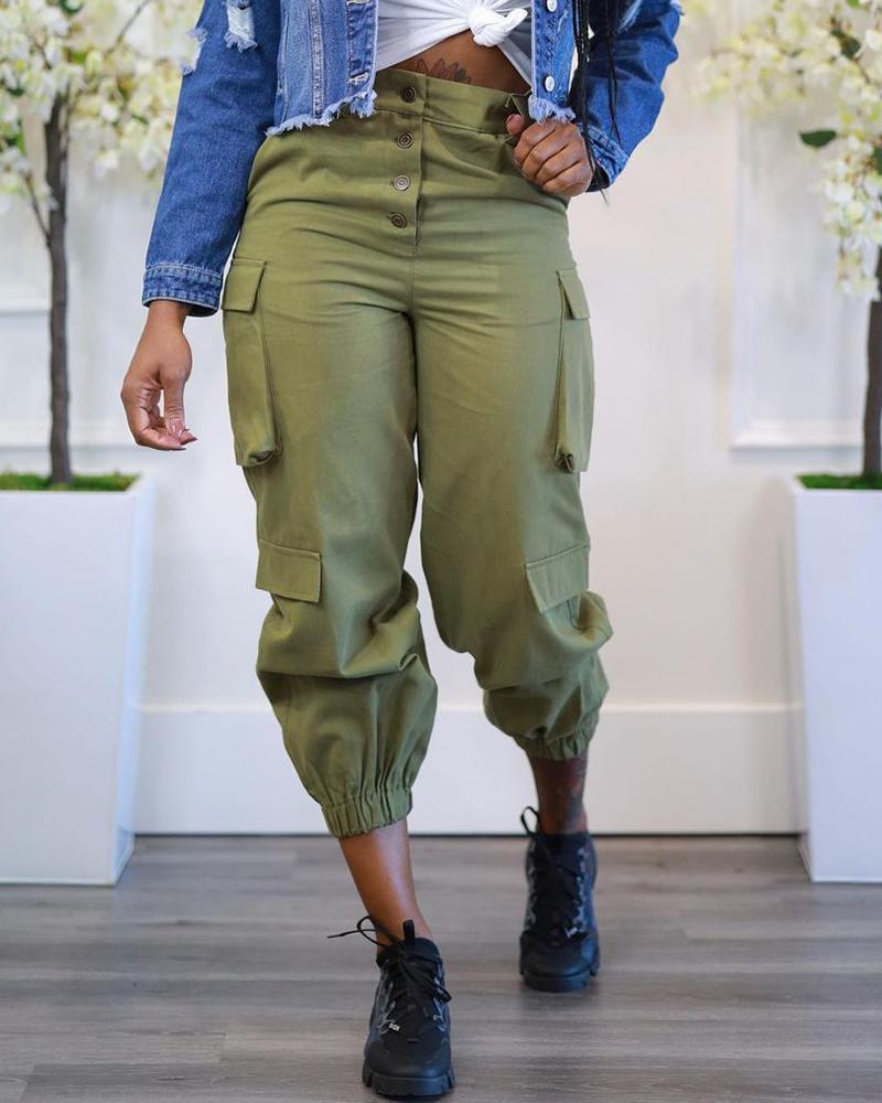 

Pocket Design Buttoned Cargo Pants, Army green