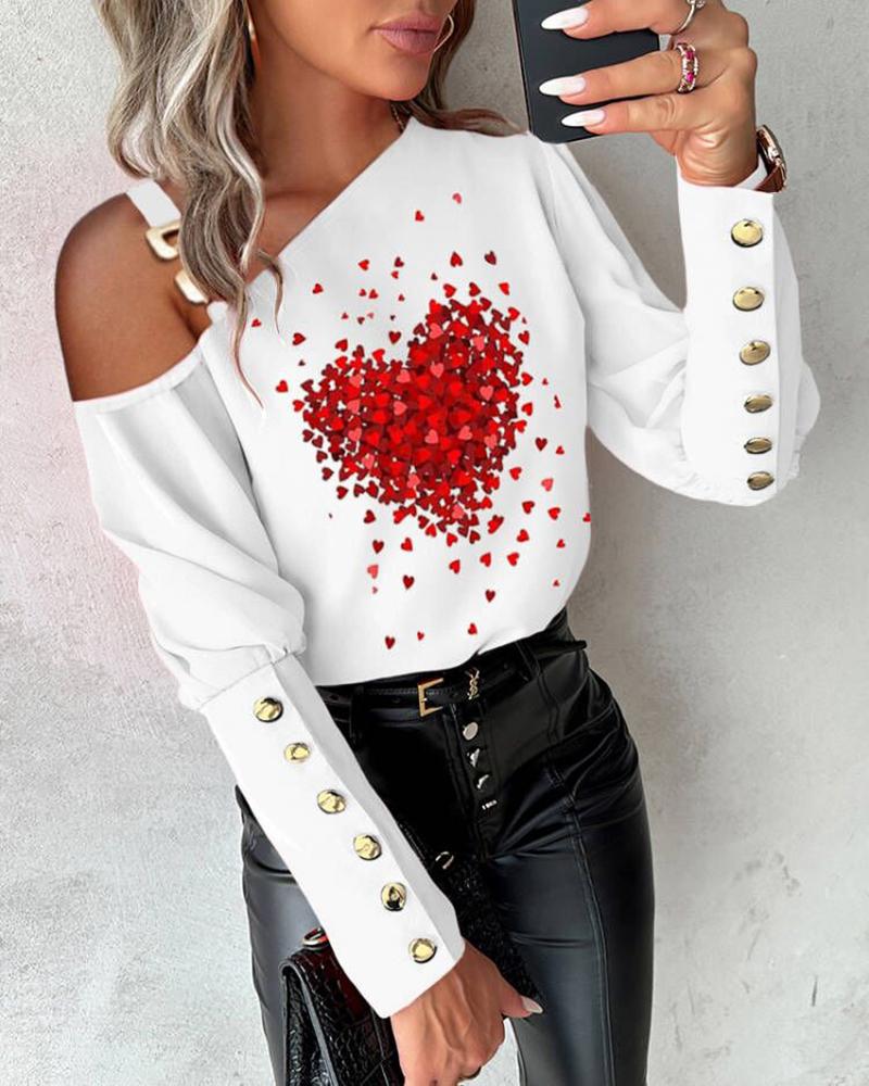 

Heart Print Cold Shoulder Chain Decor Top, White