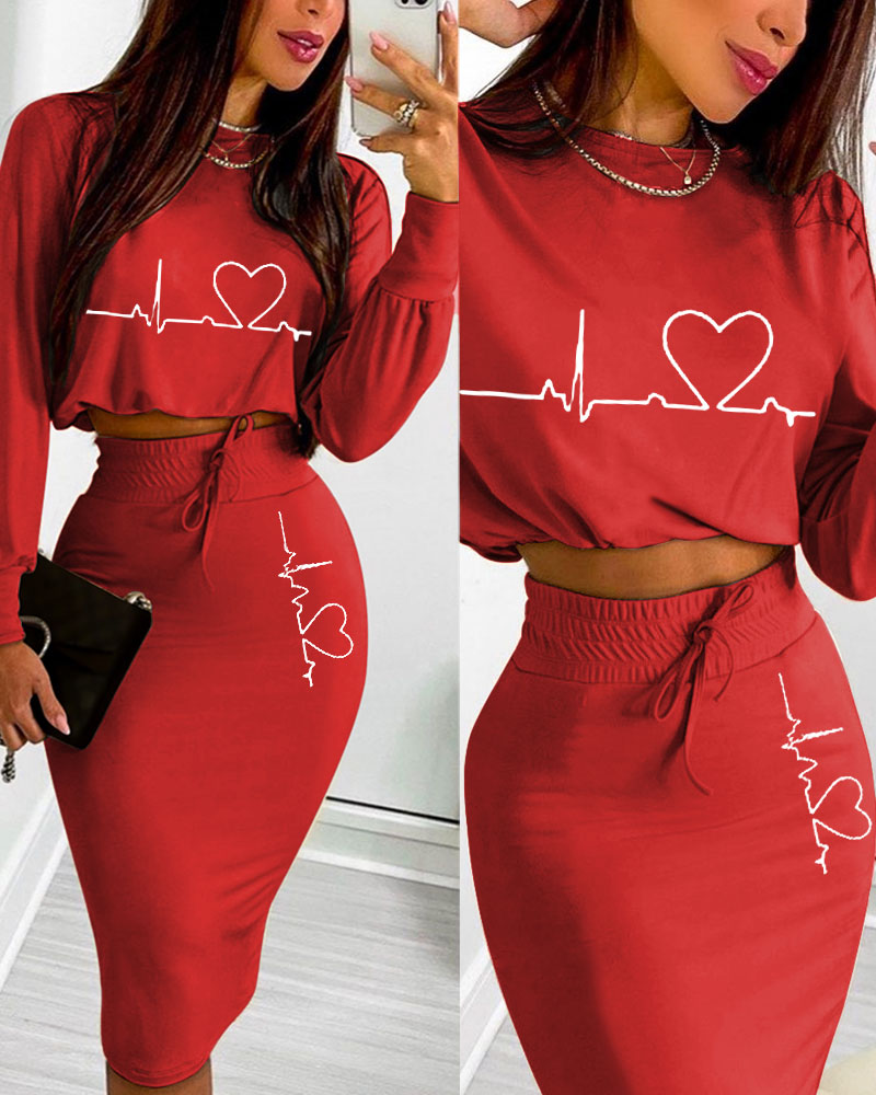 

Heart Print Crop Top & Drawstring Skirt Set, Red
