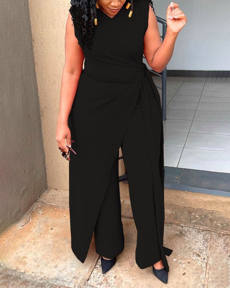 

Tied Detail Asymmetrical Work Jumpsuit, Black