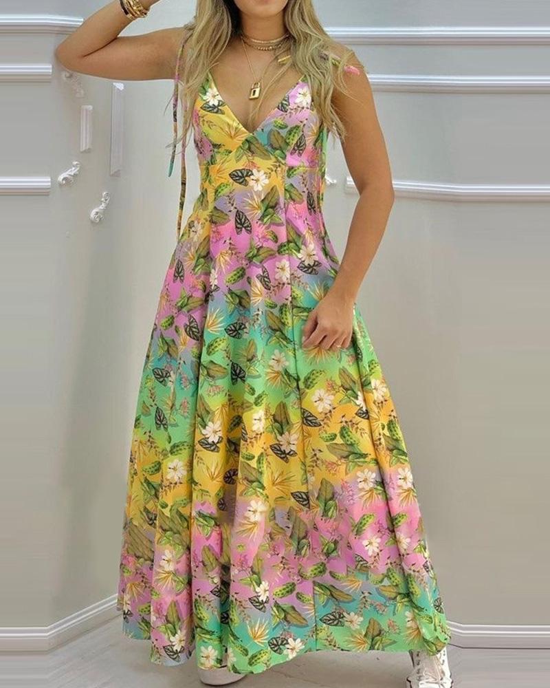 

Floral Print Colorblock Backless Maxi Dress, Multicolor