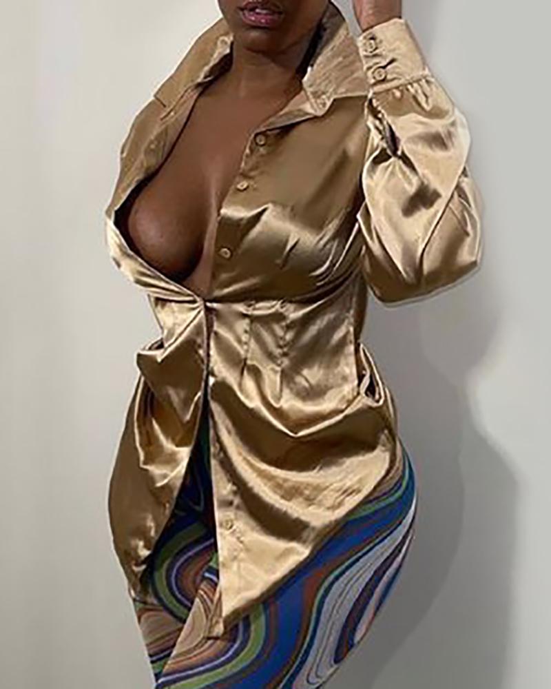 

Buttoned Long Sleeve Ruched Satin Shirt, Brown