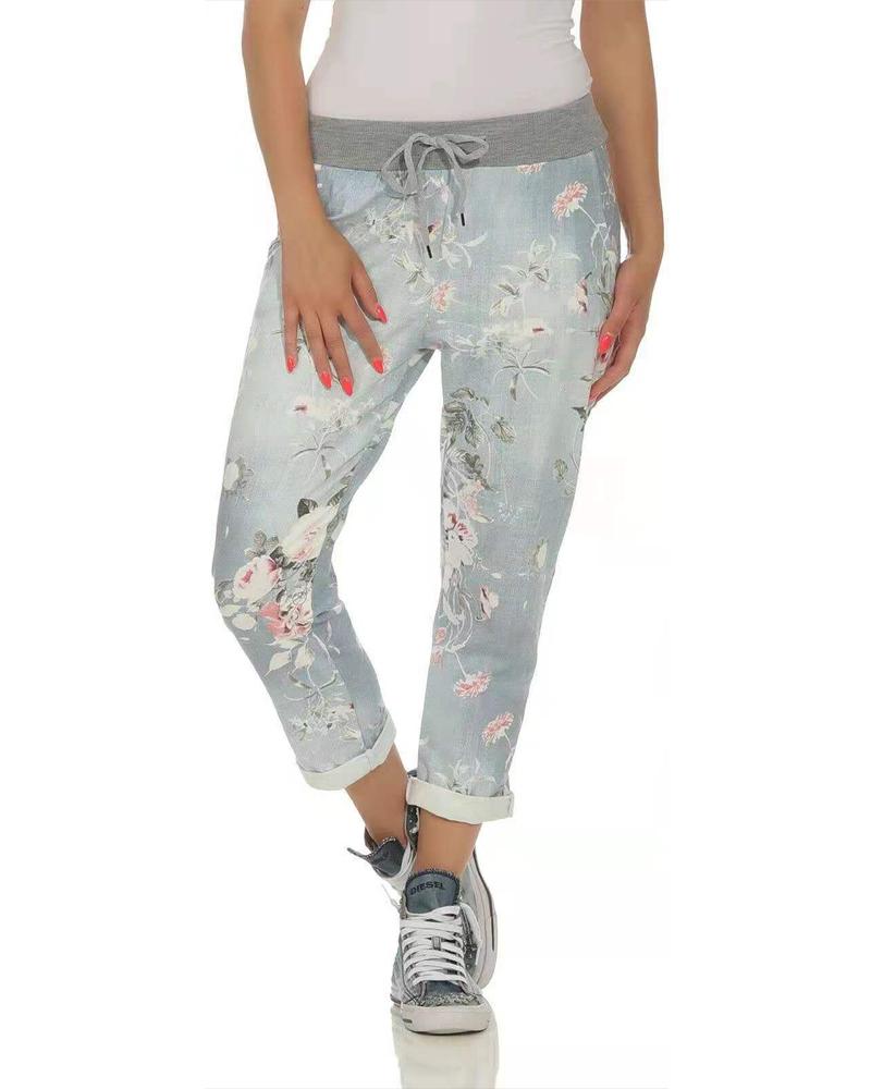 

Floral Print Pocket Design Drawstring Jeans, Light gray