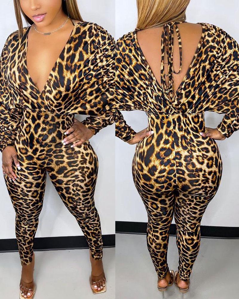 

Leopard Print Backless Batwing Sleeve Skinny Jumpsuit