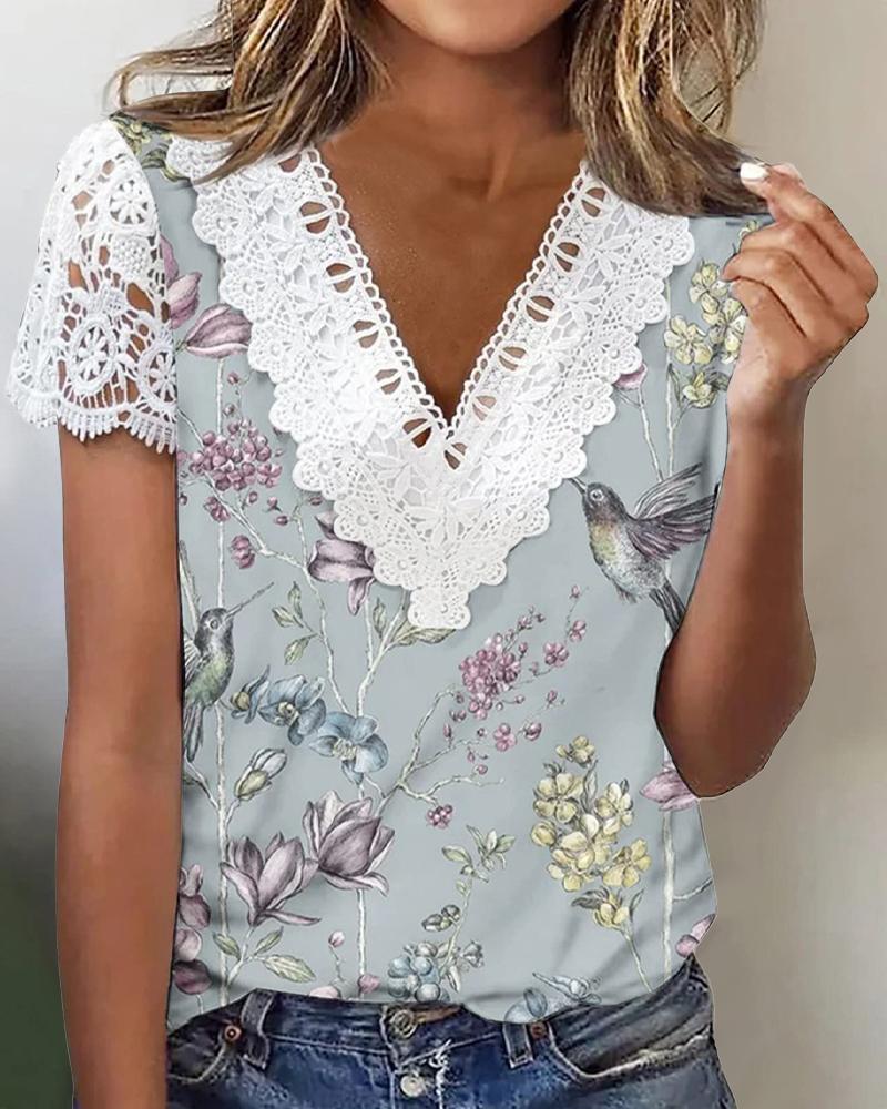 

Plants Birds Print Contrast Lace V-Neck Casual T-shirt, Gray