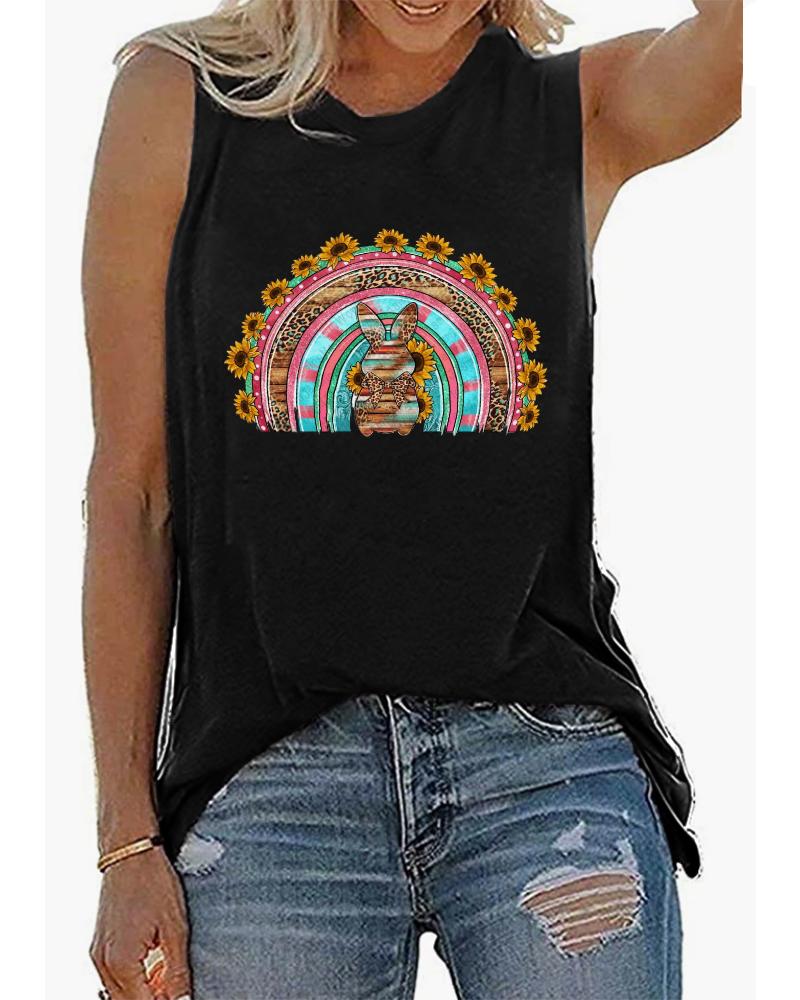 

Happy Easter Bunny Sunflower Print Casual Tank Top, Black