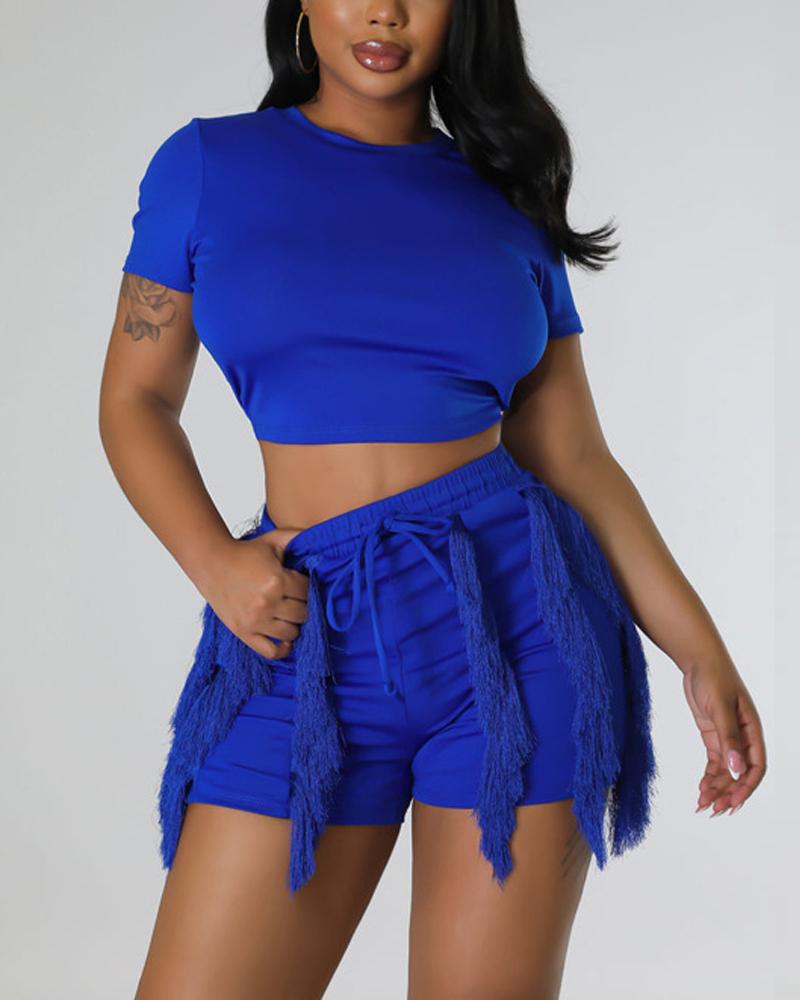 

Crop T-shirt & Drawstring Tassel Design Shorts Set, Blue