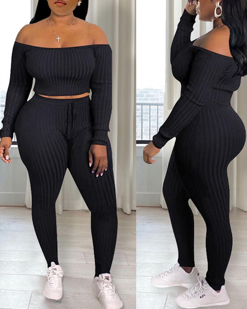 

Off Shoulder Ribbed Crop Top & Drawstring Pants Set, Black
