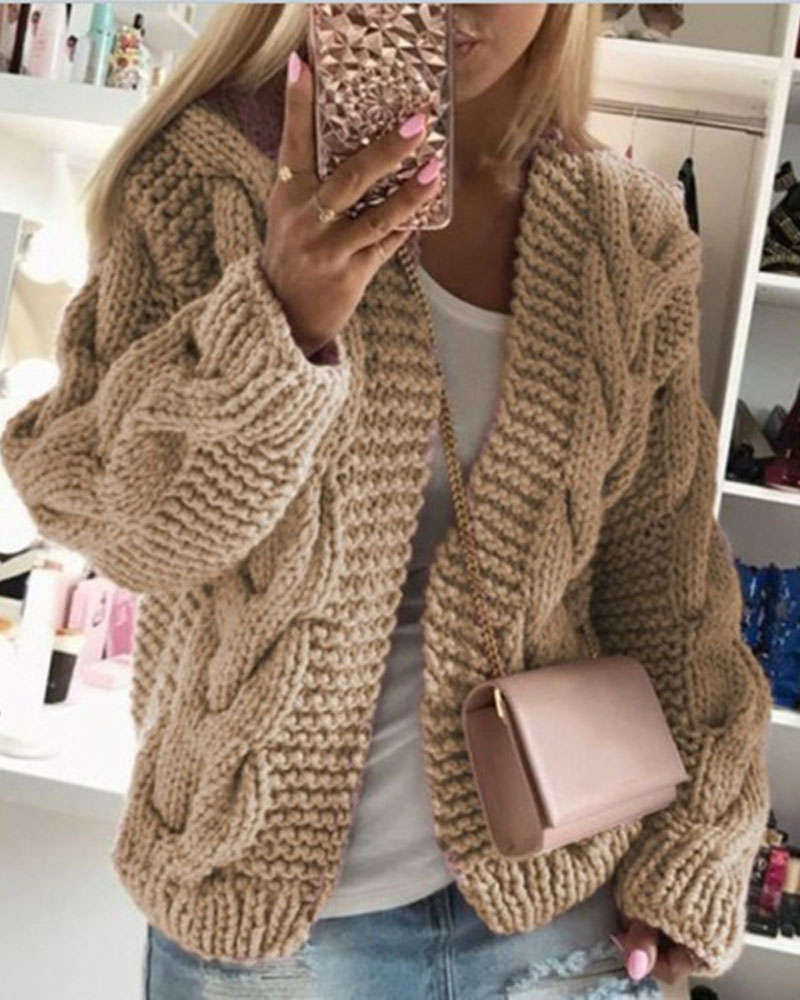 

Long Sleeve Cable Knit Hooded Cardigan, Apricot