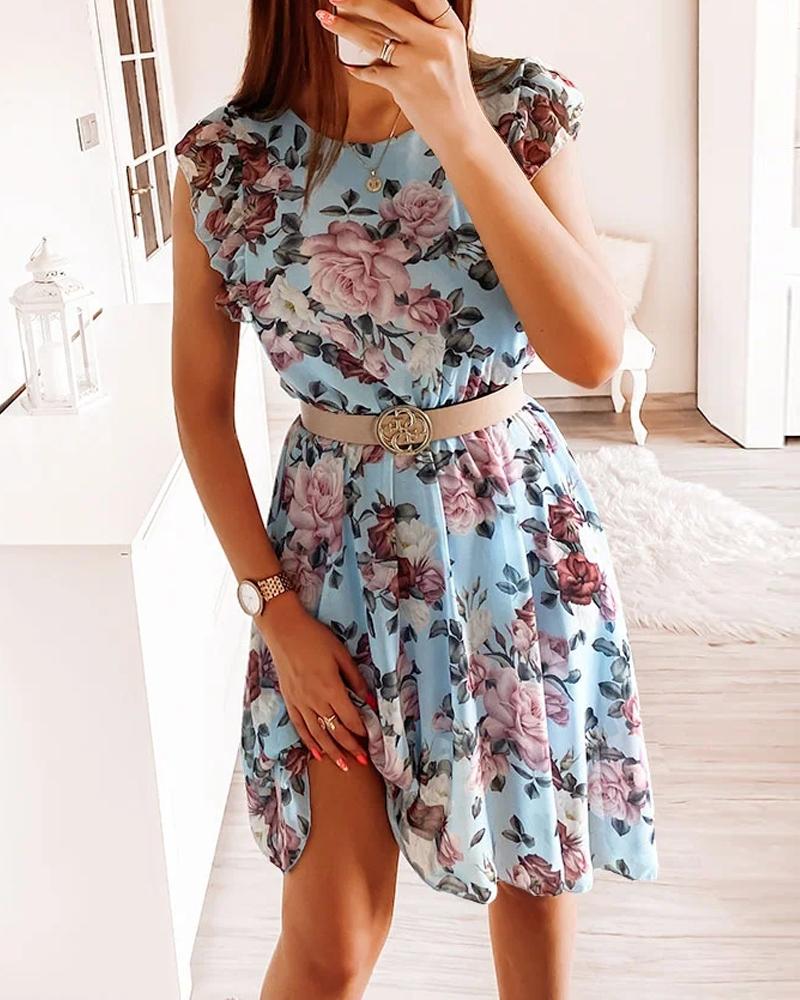 

Floral Print Ruffle Hem Chiffon Dress, Lighted blue