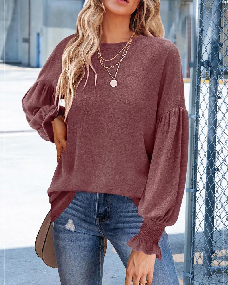 

Shirred Lantern Sleeve Casual Top, Wine red