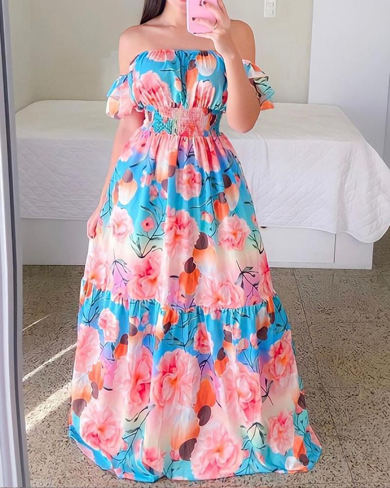 

Floral Print Off Shoulder Shirred Waist Maxi Dress, Blue