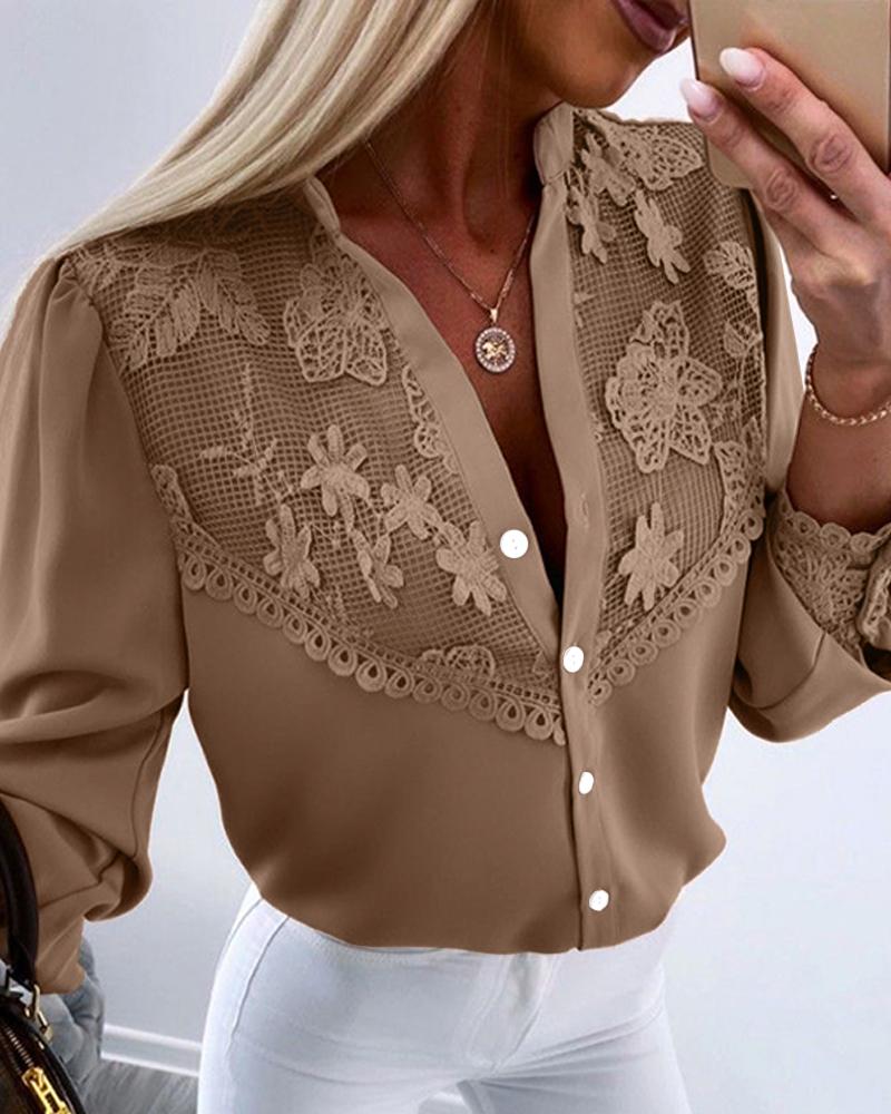 

Lantern Sleeve Buttoned Lace Patch Top, Khaki