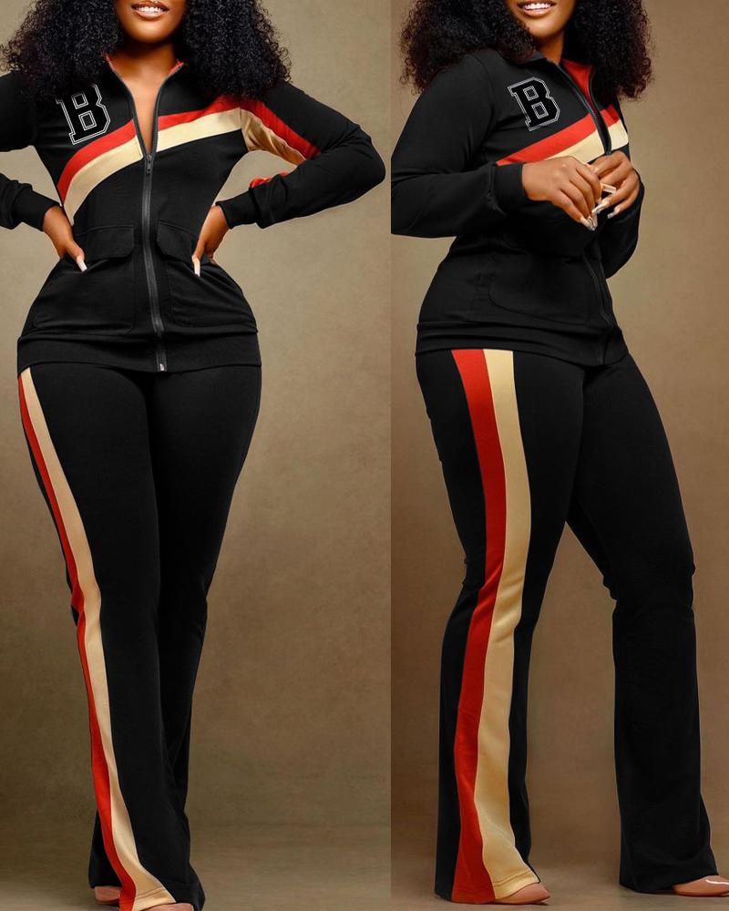 

Contrast Paneled Letter Print Zip Up Top & Pants Set, Black