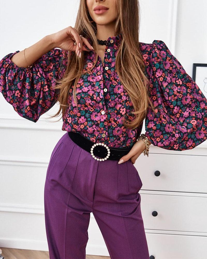 

Ditsy Floral Print Lantern Sleeve Button Down Shirt, Purple