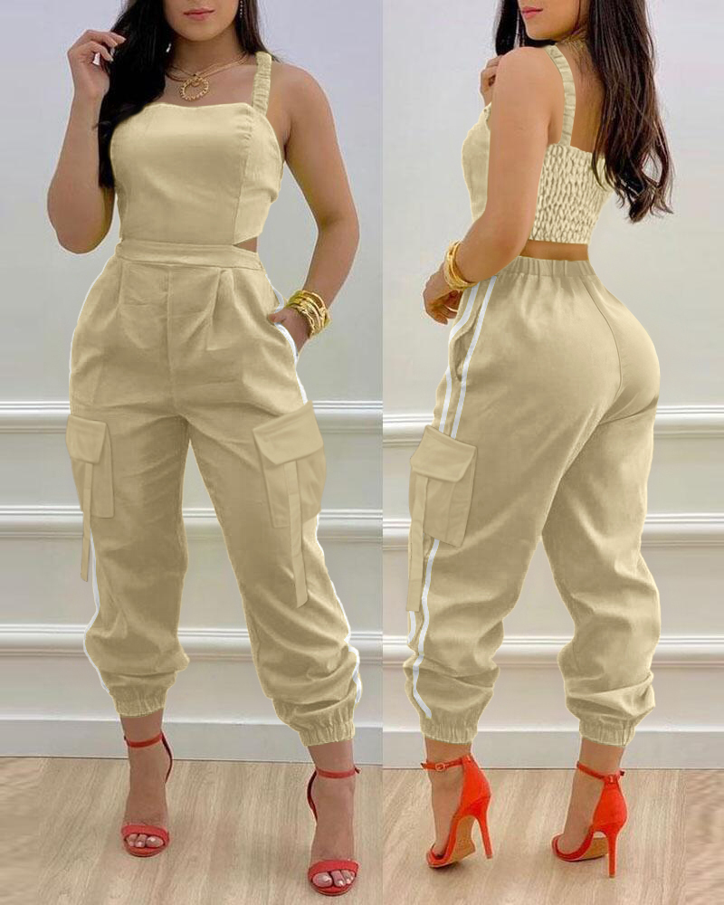 

Contrast Paneled Square Neck Sleeveless Jumpsuit Casual Shirred Pocket Design Cargo Romper, Khaki