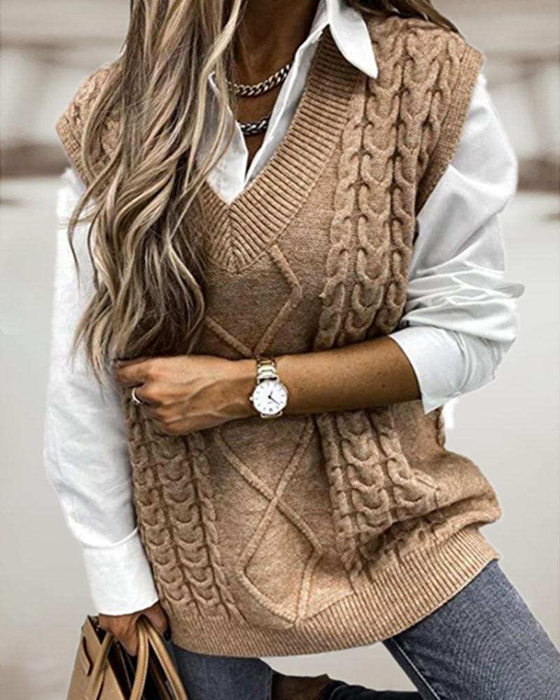

Braided Knit V-neck Vest Sweater, Khaki