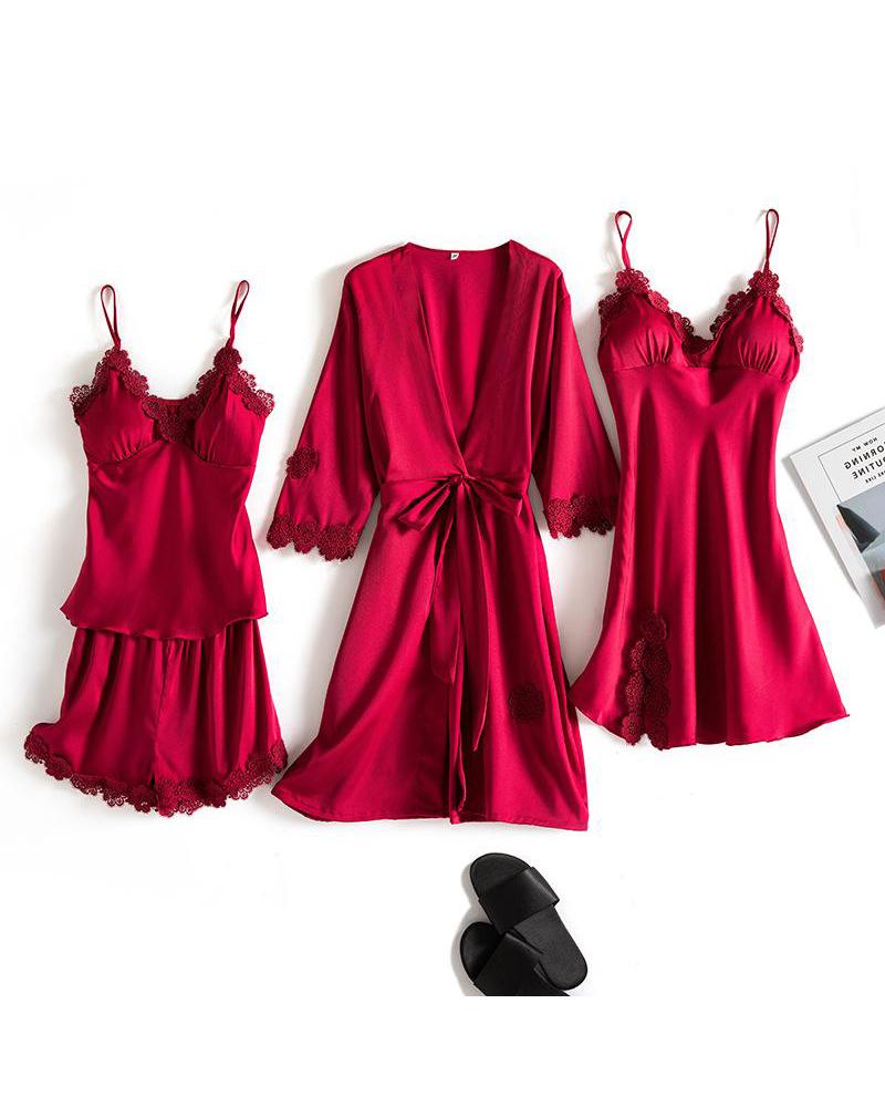 

Satin Lace Detail 4Pcs Pajama Set, Wine red