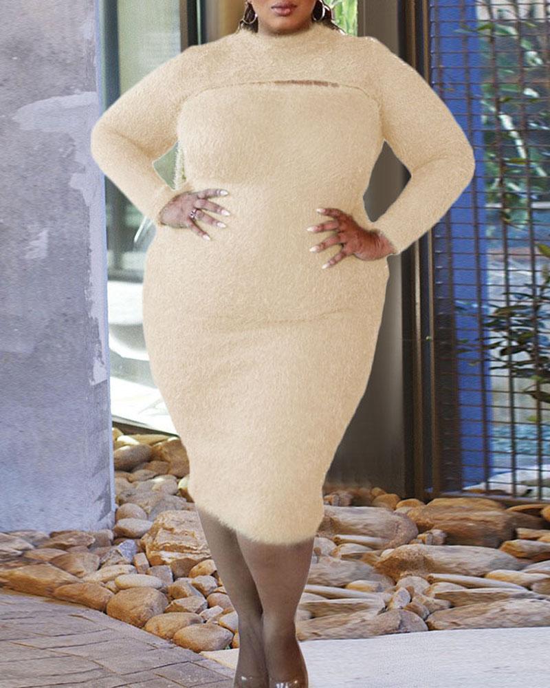 

Plus Size Long Sleeve Cutout Fluffy Bodycon Dress, Apricot