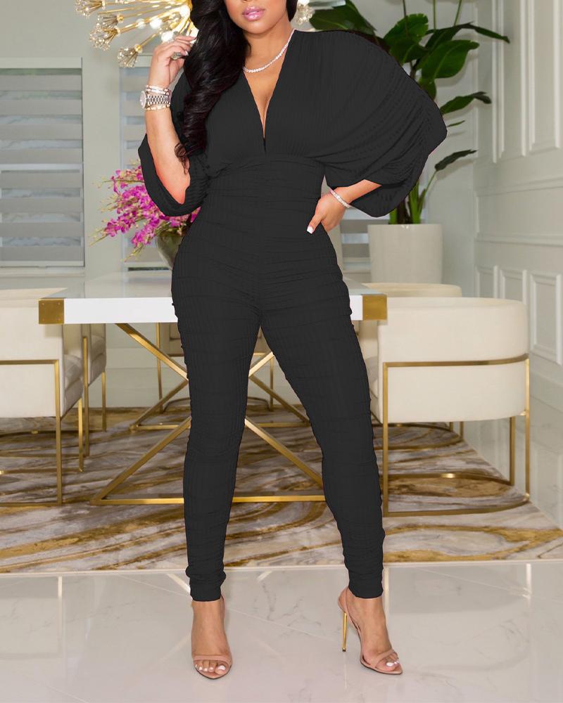 

Ruched Batwing Sleeve Skinny Jumpsuit, Black