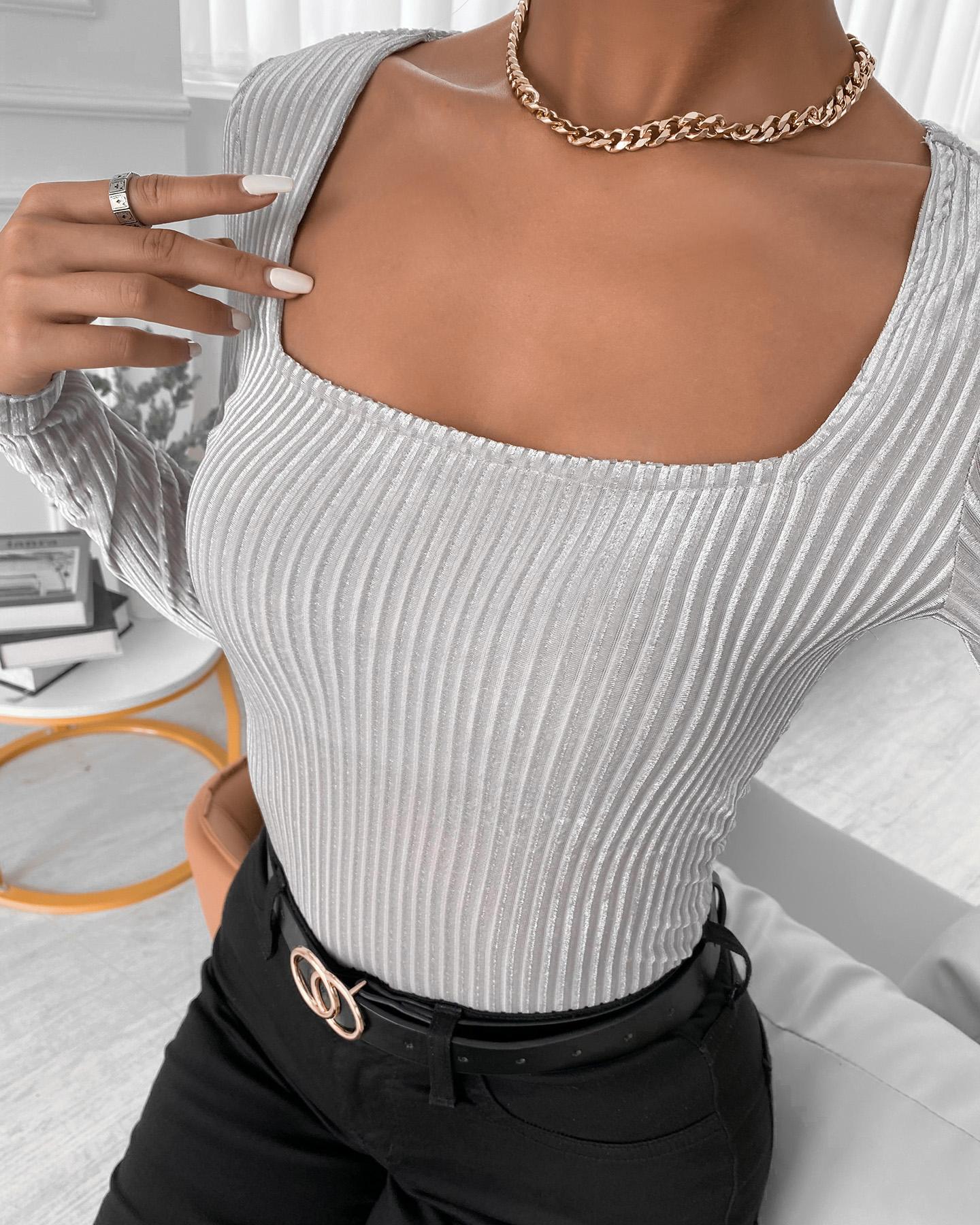 

Solid Ribbed Long Sleeve Bodysuit, Gray