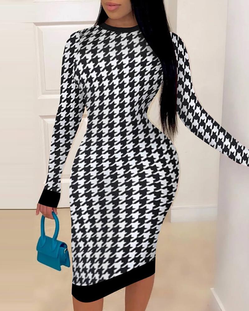 

Houndstooth Print Long Sleeve Bodycon Dress, Black