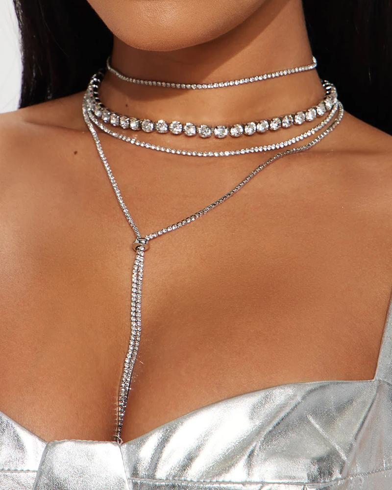

1pcs Tassel Design Rhinestone Multi-Layered Necklace, Silver
