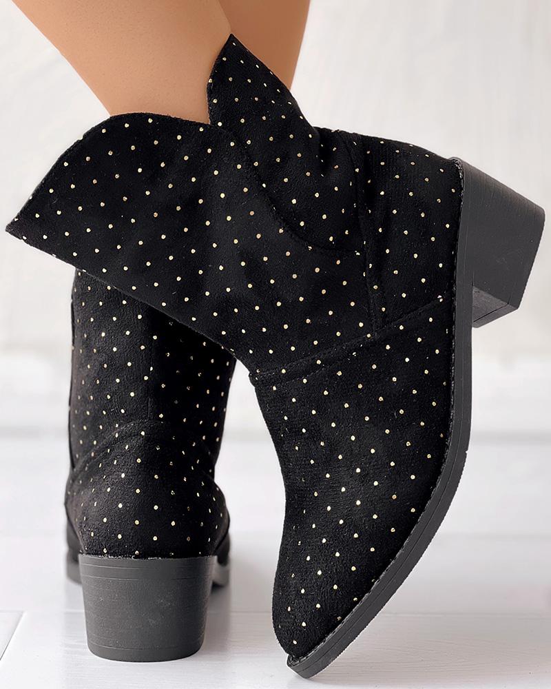 

Bronze Polka Dot Point Toe Chunky Heel Knight Boots, Black