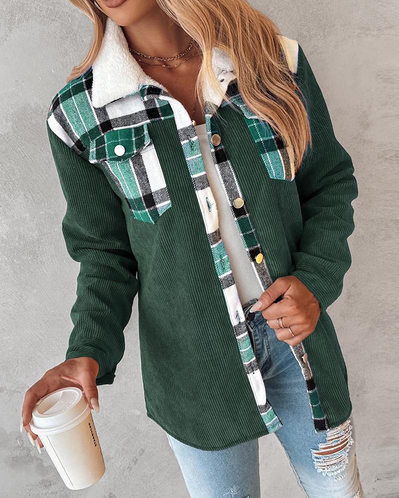 

Colorblock Plaid Print Corduroy Lined Shacket, Green