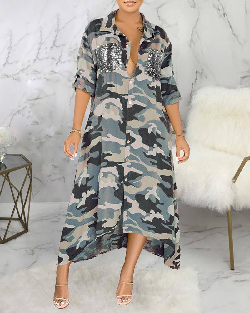 

Camouflage Print Sequins Pocket Design Buttoned Coat, Green