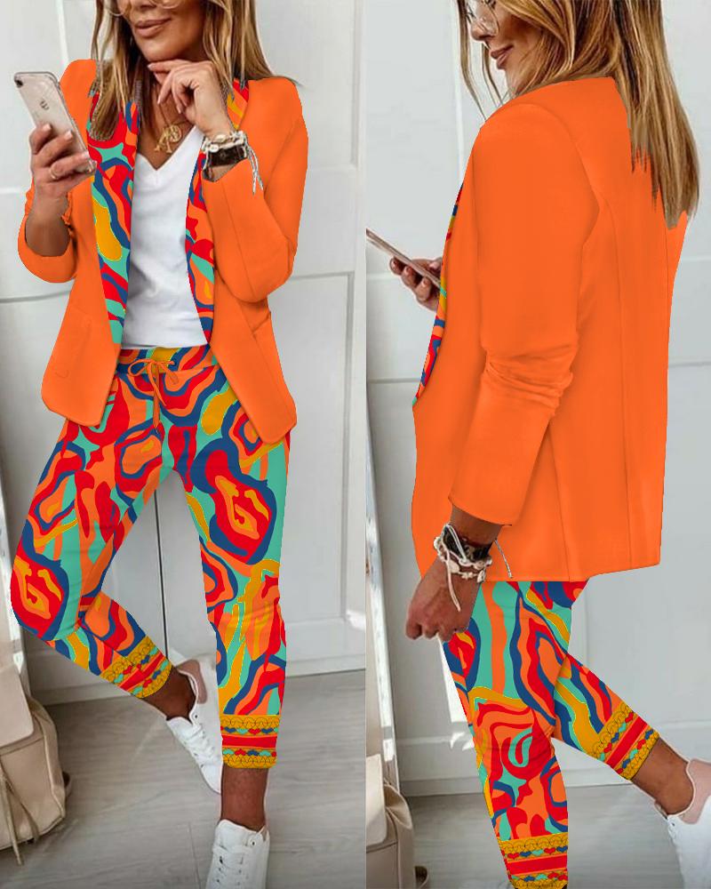 

Multi-Color Abstract Print Blazer Coat & Drawstring Pants Set, Orange