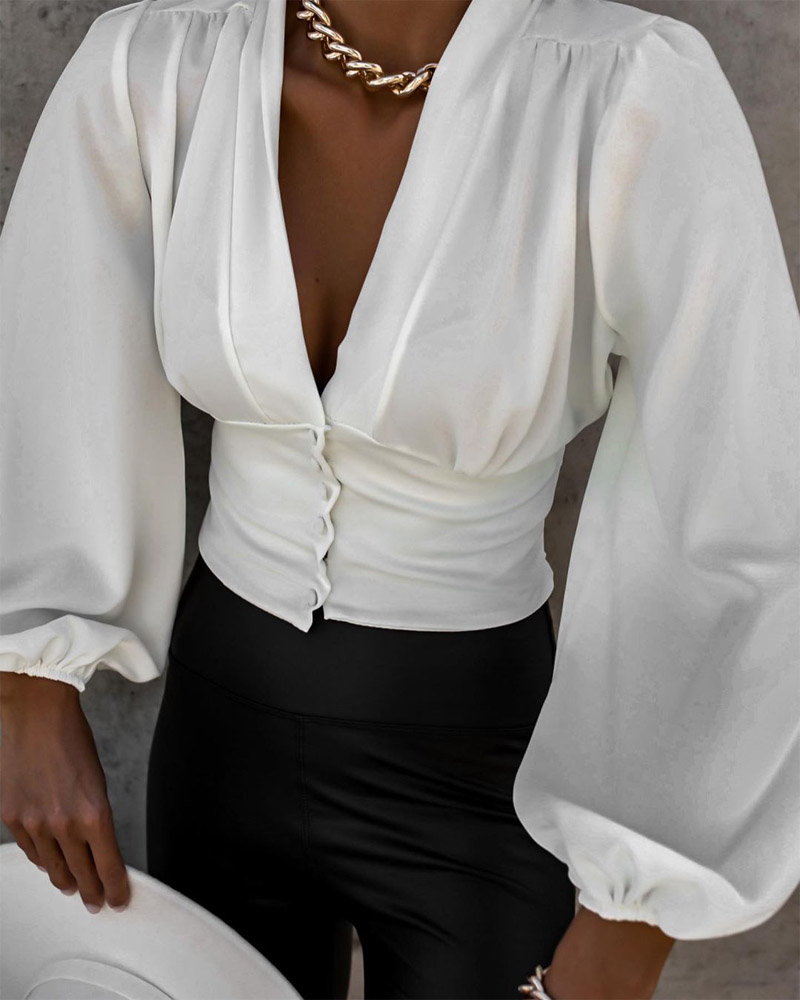 

Lantern Sleeve Plunge Buttoned Ruched Top, White