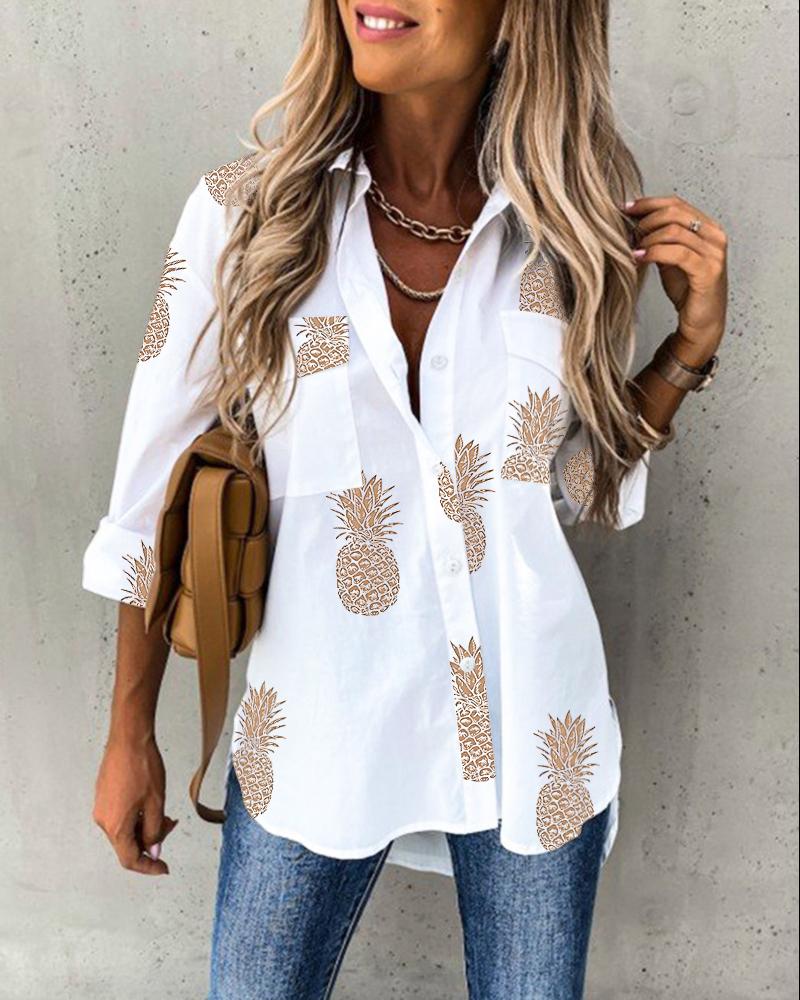 

Pineapple Print Pocket Detail Button Down Shirt, White