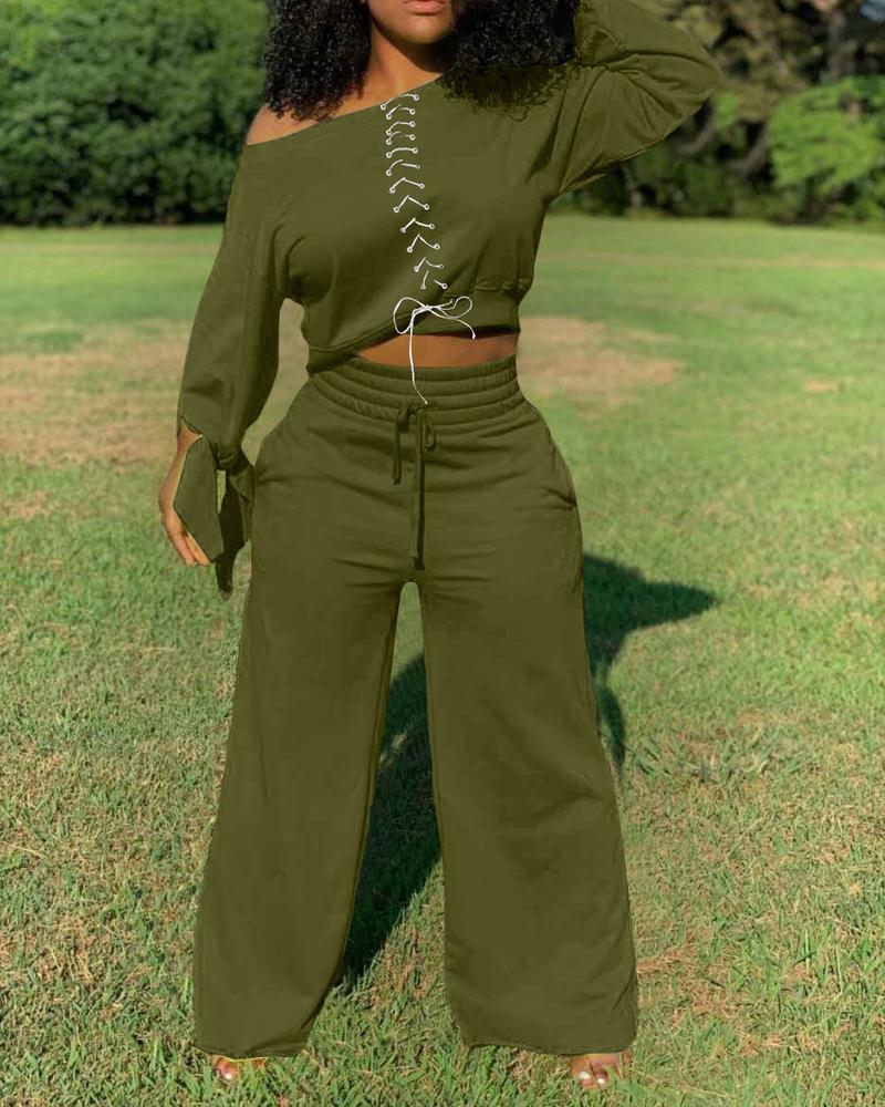 

Grommet Eyelet Lace-Up Knot Cuff Top & Pants Set, Green