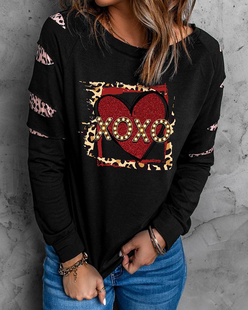 

Valentine' Day Heart Letter Print Round Neck Sweatshirt, Black