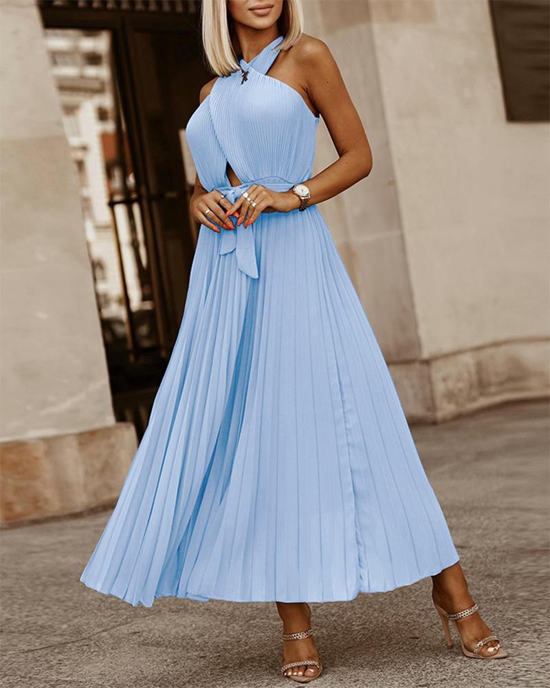 

Crisscross Halter Cutout Belted Pleated Dress, Blue