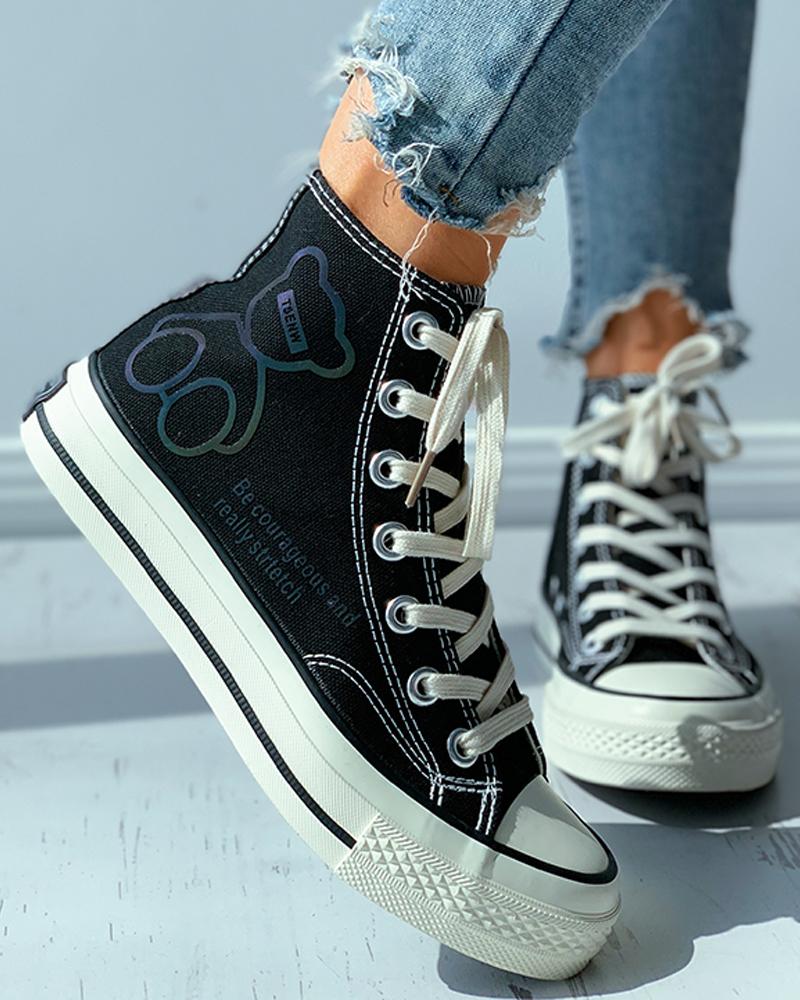 

Bear Letter Print Reflective Eyelet Lace-up Canvas Shoes, Black