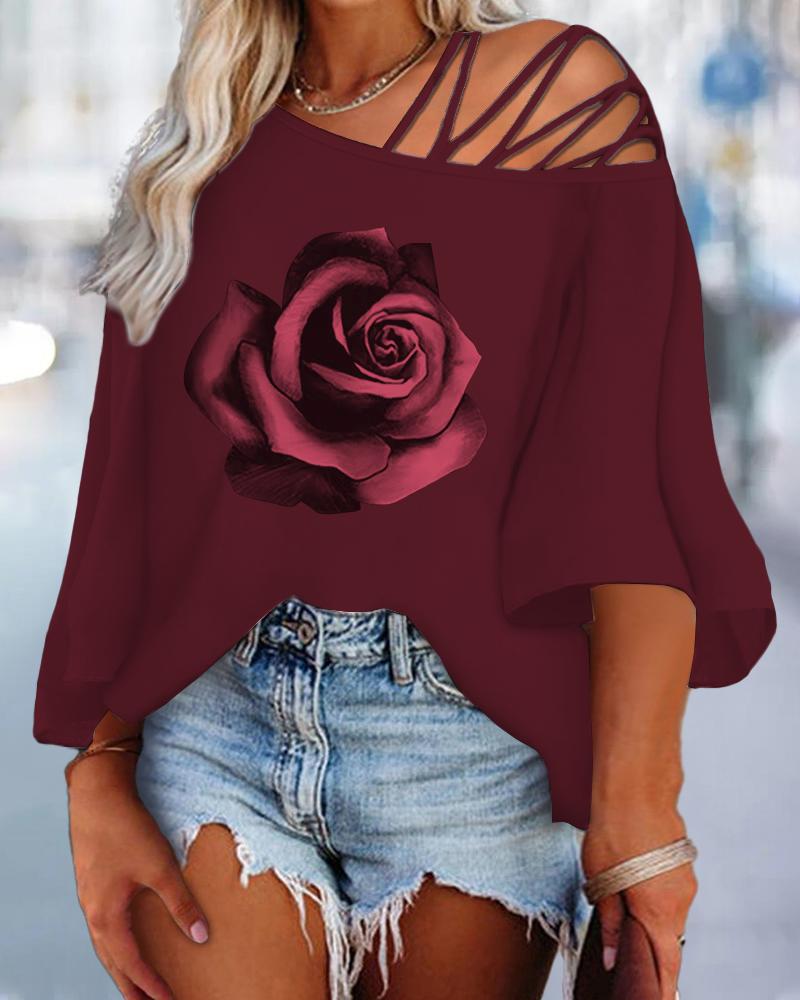 

Plus Size Rose Print Cold Shoulder Crisscross Top, Wine red