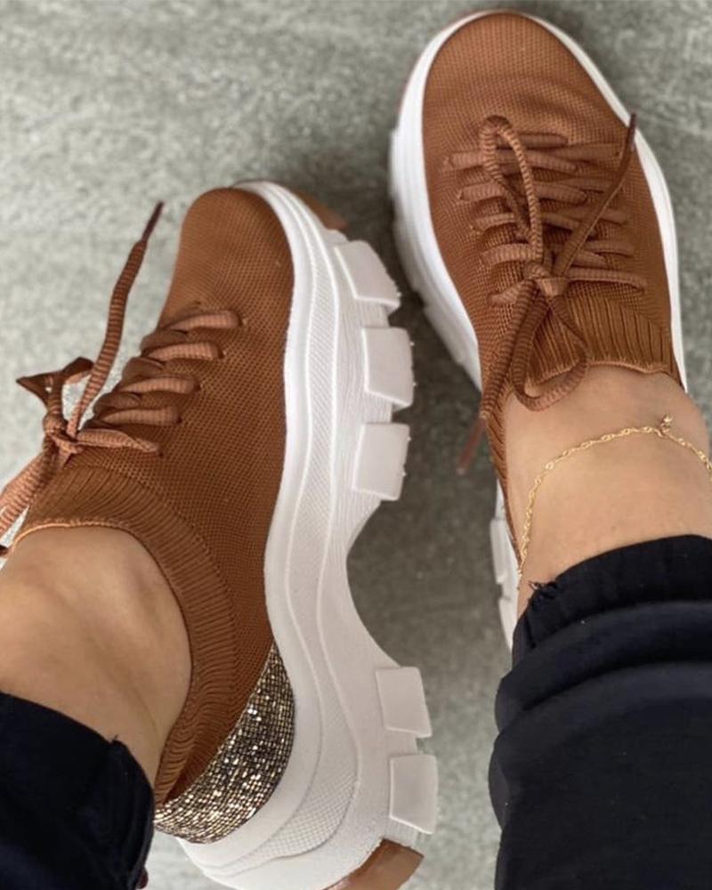 

Solid Knitted Strappy Closure Round-toe Sneakers, Brown