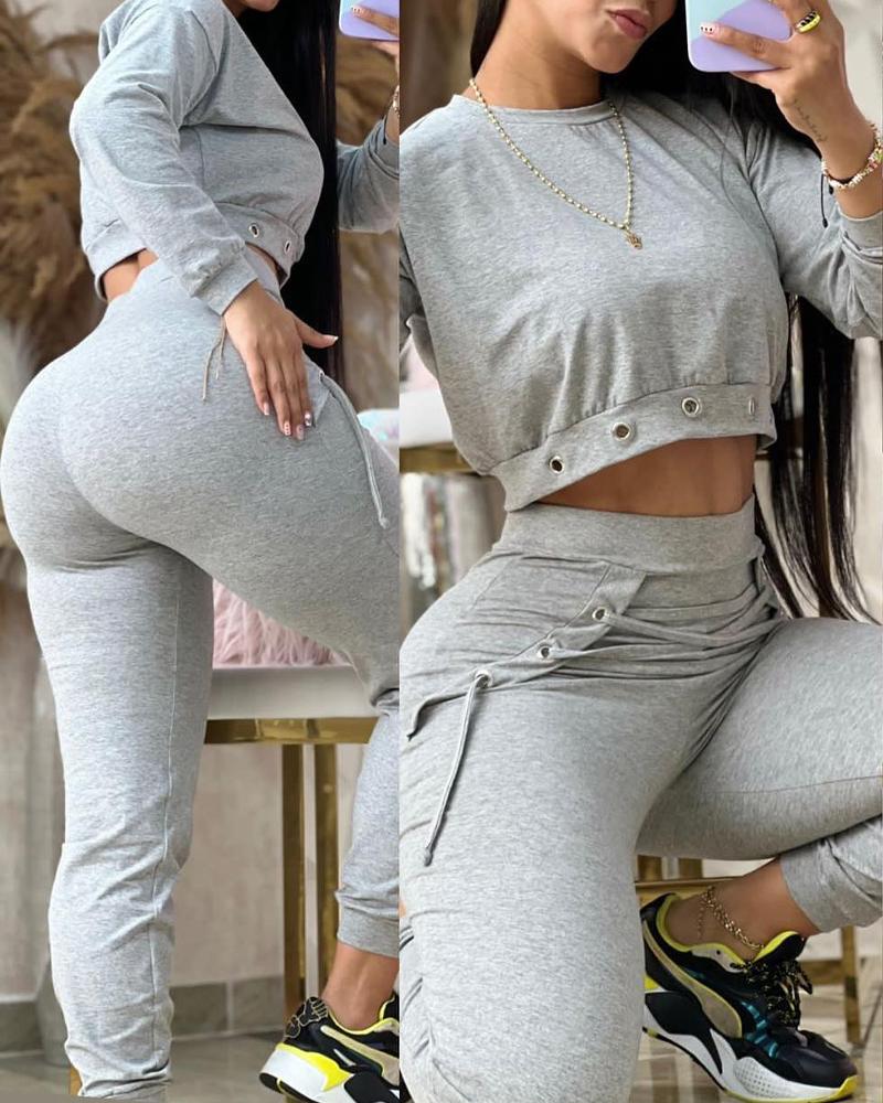 

Eyelet Crop Top & Lace Up Pants Set, Gray