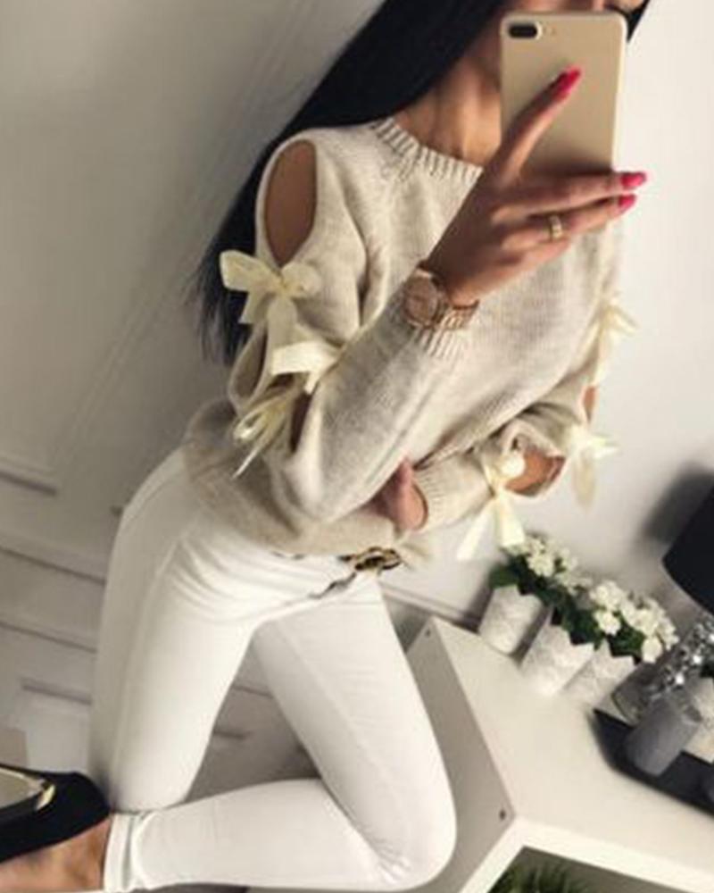 

Crew Neck Tie-Up Sleeve Sweater, Beige