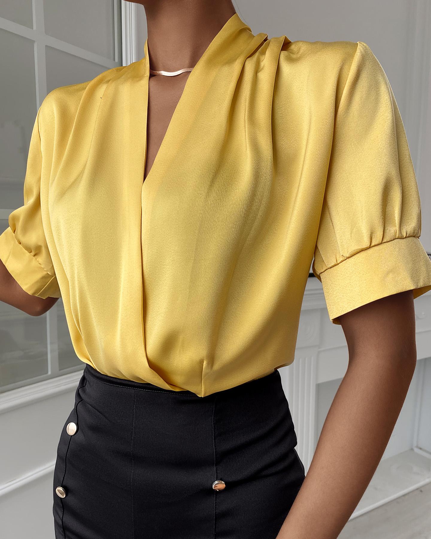 

Satin V-Neck Short Sleeve Top, Yellow