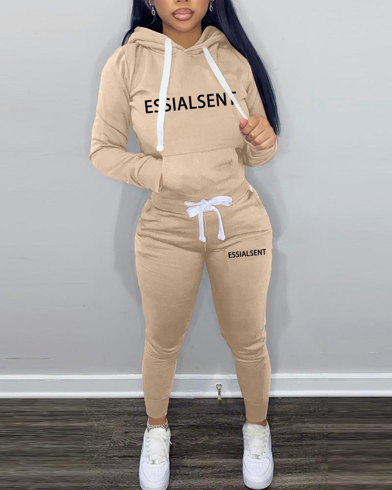 

Letter Print Long Sleeve Casual Hoodie & Pants Set, Khaki