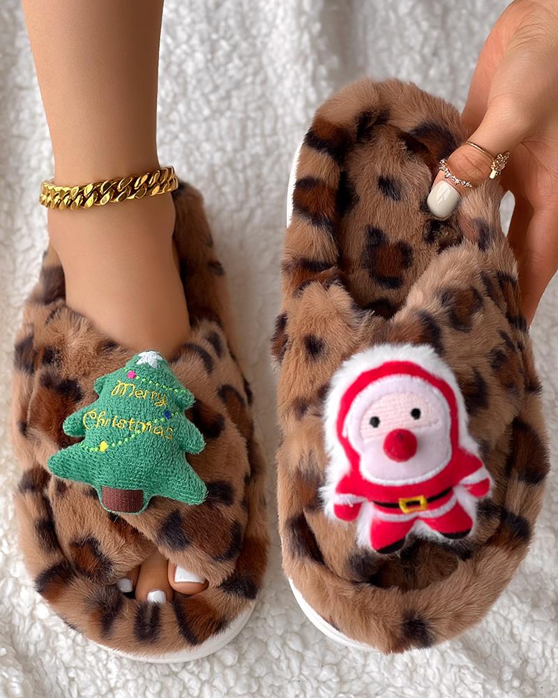 

Christmas Cartoon Leopard Cross Strap Fuzzy Winter Slippers, Brown