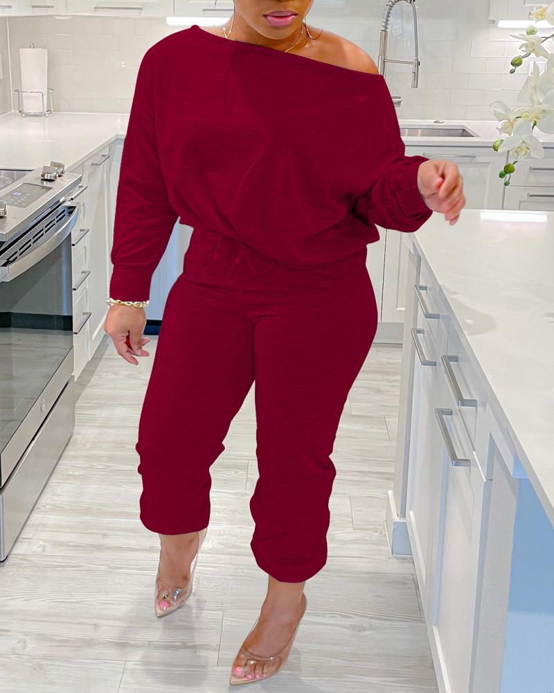 

Plus Size Skew Neck Top & Drawstring Pants Set, Wine red