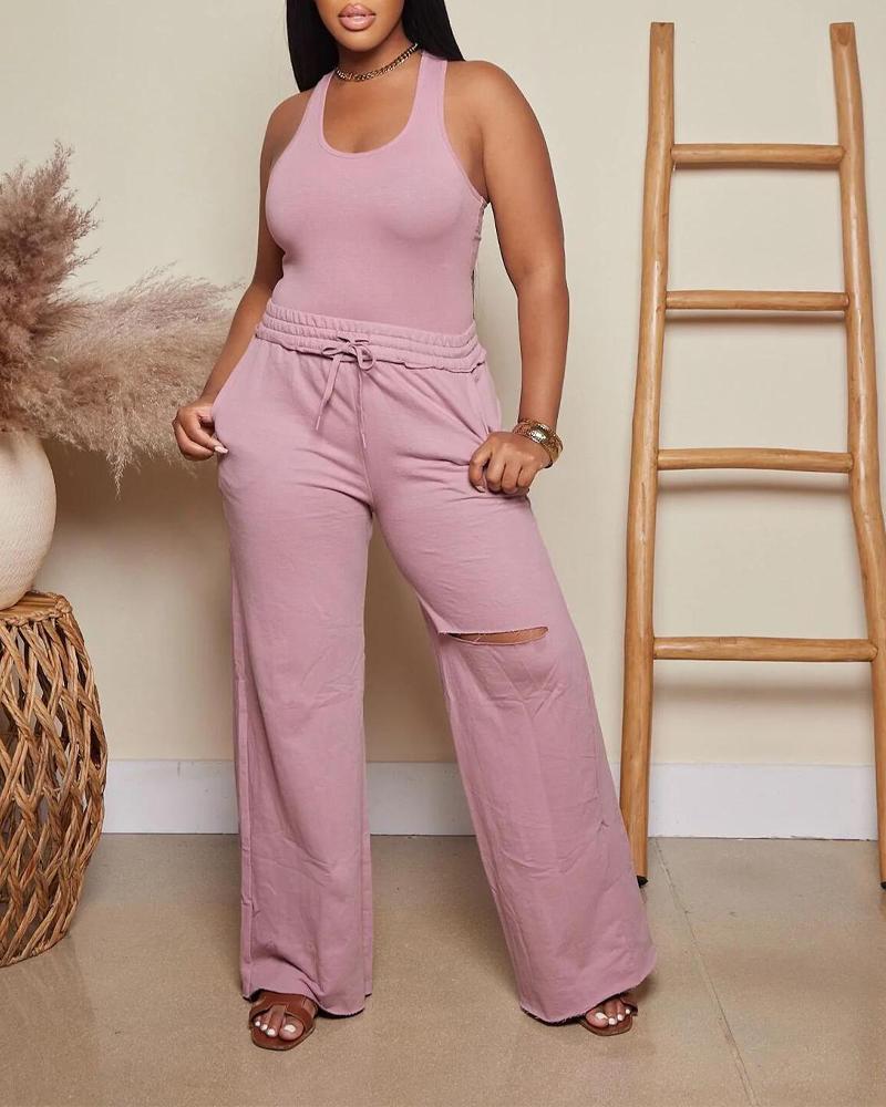 

Sleeveless Bodysuit & Cutout Drawstring Pants Set, Pink