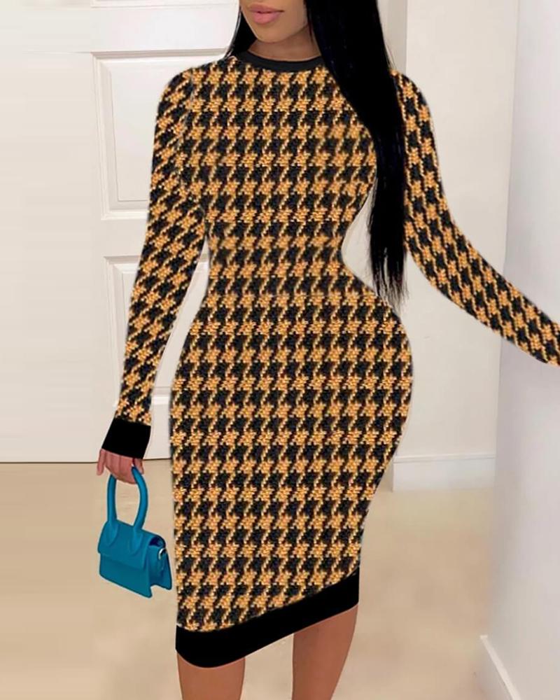 

Plus Size Houndstooth Print Long Sleeve Bodycon Dress, Yellow
