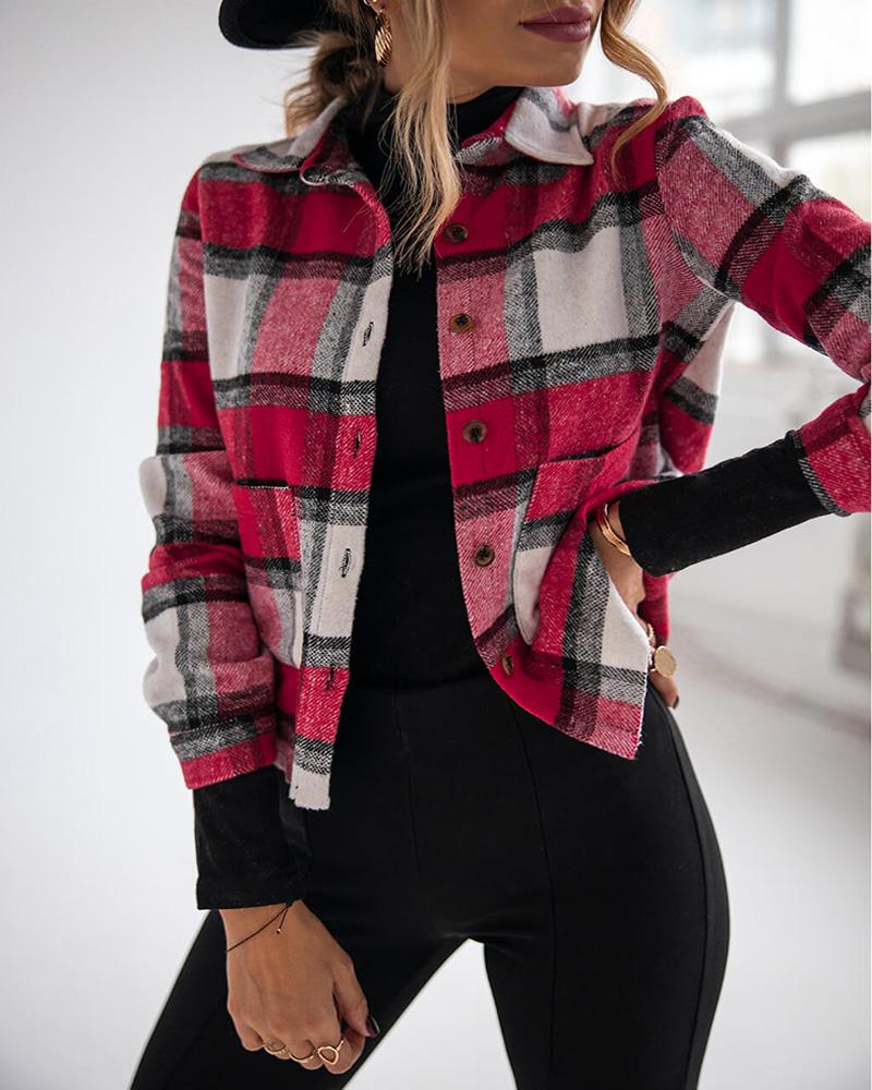 

Long Sleeve Plaid Print Buttoned Pocket Design Shacket, Red