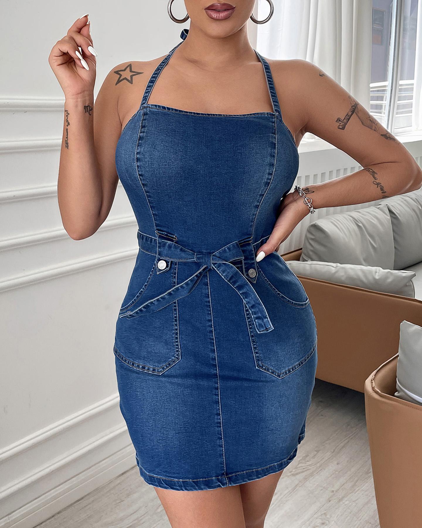 

Halter Pocket Detail Backless Denim Dress With Belt, Blue