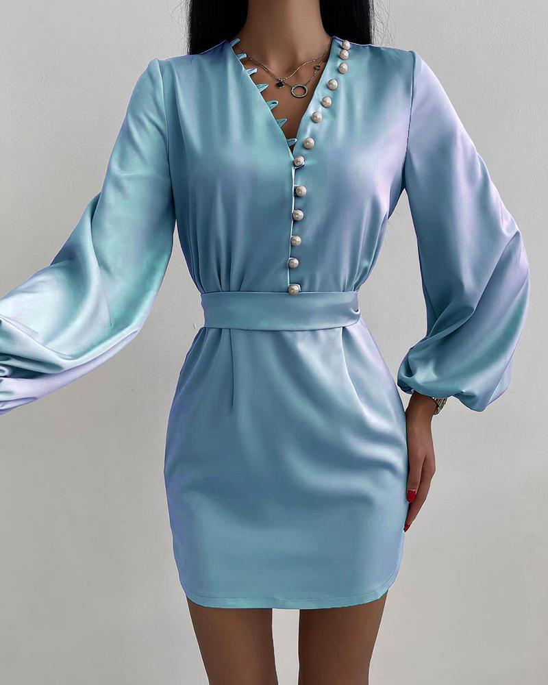 

Beaded Decor Lantern Sleeve Satin Casual Dress, Sky blue